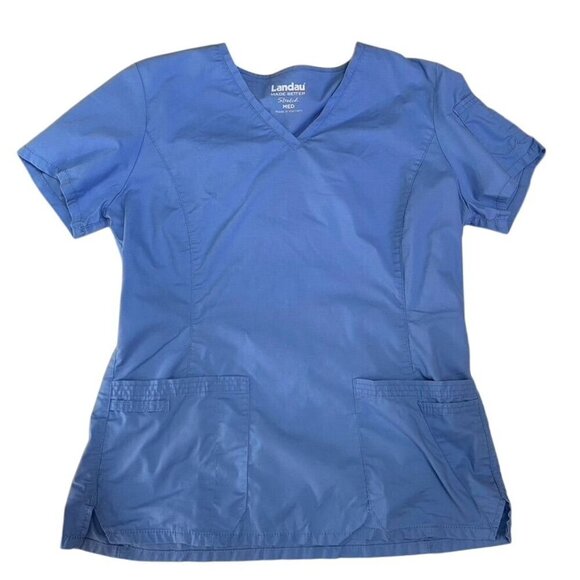 Landau Stretch V-Neck Scrub Top Ceil Blue 4 Pockets Healthcare Nurses Uniform - Picture 1 of 9